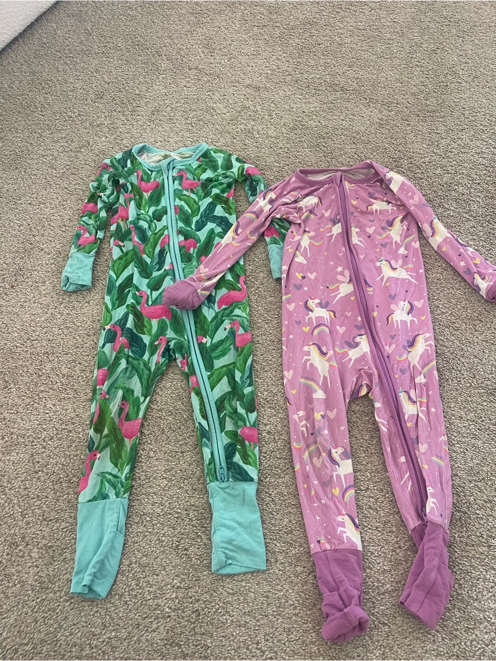 Little Sleepies Green Flamingo & Purple Unicorn Footie Pajamas bamboo